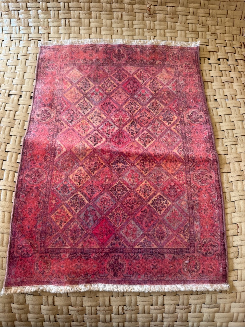 Kirman Dollhouse Red Patterned Area Rug 9 1/2 x 13 & fireplace
